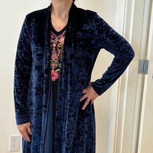Long, dark blue velveteen coat jacket, soft rolled lapels & asymmetric hem, S
